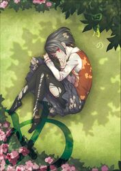  black_hair black_legwear cover cover_page doujin_cover grass hitsuji_hako lying mole on_side original pantyhose red_eyes school_uniform short_hair skirt torn_clothes torn_pantyhose vest 