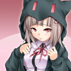  1girl breasts brown_hair dangan_ronpa hair_ornament hairclip hoodie large_breasts lips nanami_chiaki pink_eyes school_uniform solo super_dangan_ronpa_2 tamajam 