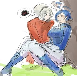  1boy 1girl ash_crimson blonde_hair blue_eyes blue_hair boots breasts cravat dreaming elizabeth_blanchtorche hairband king_of_fighters large_breasts muse_(rainforest) sketch sleeping sleeping_upright under_tree 