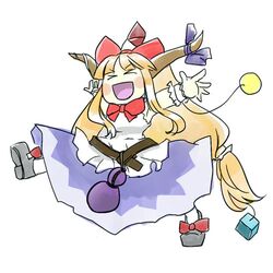  >_< 1girl belt blonde_hair bow chibi dress gourd hair_bow happy horn_ribbon horns ibuki_suika long_hair lowres ribbon running sasakure_joushi touhou 