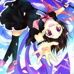  1girl absurdres asymmetrical_wings black_hair black_legwear clouds dress fangs flying highres houjuu_nue open_mouth petals polearm red_eyes short_hair sky smile solo thigh-highs trident weapon wings yamio 