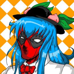  blue_hair deadpool food fruit hat hinanawi_tenshi hinanawi_tenshi_(cosplay) leaf long_hair marvel mask motazaemon peach ribbon shirt simple_background touhou 