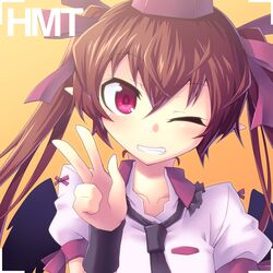  1girl brown_hair hair_ribbon hat himekaidou_hatate necktie red_(artist) ribbon solo tokin_hat touhou twintails v violet_eyes wink 