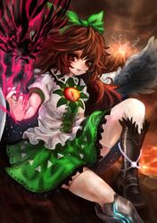  1girl blush bow brown_hair cape gobou hair_bow long_hair mismatched_legwear open_mouth red_eyes reiuji_utsuho skirt solo thigh-highs third_eye touhou white_legwear wings 