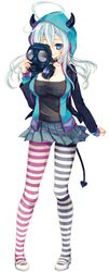  ahoge blue_eyes breasts choker cleavage demon_tail gas_mask highres hikawa_renko hoodie horns large_breasts long_hair miniskirt mismatched_legwear nama2e pantyhose saikome shoes silver_hair skirt striped striped_legwear tail uwabaki 