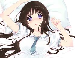  1girl black_hair chitanda_eru hyouka long_hair lying mei_(abliss) necktie pillow violet_eyes 