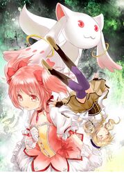  2girls beret blonde_hair choker detached_sleeves drill_hair hair_ornament hat kaname_madoka kyubey magical_girl mahou_shoujo_madoka_magica multiple_girls pink_eyes pink_hair short_twintails sixi1990 tears thigh-highs tomoe_mami twin_drills twintails vertical-striped_legwear vertical_stripes 