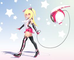  1girl black_legwear blonde_hair boots elbow_gloves fingerless_gloves gloves hair_ornament high_heels highres kamdia leash long_hair miniskirt pangya pink_eyes robot shoes skirt smile solo spika_(pangya) thigh-highs thigh_boots two_side_up walking 