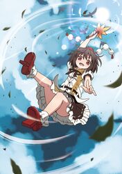 1girl bird black_hair blue_sky coco0932 fan flying_sweatdrops geta hat hat_ribbon looking_at_viewer open_mouth puffy_sleeves red_eyes ribbon shameimaru_aya shirt short_hair short_sleeves skirt sky smile solo sun tokin_hat touhou upskirt 