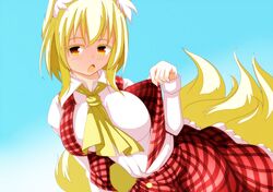  1girl animal_ears ascot blonde_hair blue_background blush breasts cosplay fox_ears fox_tail kazami_yuuka kazami_yuuka_(cosplay) large_breasts merry_(diameri) open_mouth plaid plaid_skirt plaid_vest short_hair skirt skirt_set solo tail touhou yakumo_ran yellow_eyes 