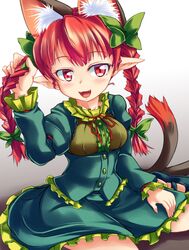  1girl animal_ears blush braid cat_ears cat_tail extra_ears fangs hair_ribbon hand_in_hair juliet_sleeves kaenbyou_rin long_sleeves looking_at_viewer multiple_tails nanatsuhane open_mouth pointy_ears puffy_sleeves red_eyes redhead ribbon shirt sitting skirt skirt_set smile solo tail touhou twin_braids 