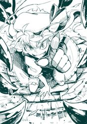  1girl fangs flandre_scarlet greyscale hat hat_ribbon kneeling monochrome pov_pointing ribbon ryuhey skirt solo touhou wings 