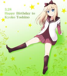  1girl 7001 birthday black_legwear blonde_hair blue_eyes bow character_name dated hair_bow happy_birthday long_hair looking_at_viewer school_uniform serafuku sitting smile socks star toshinou_kyouko yuru_yuri 