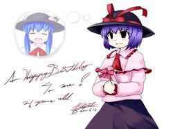  2girls blue_hair blush chipika closed_eyes food fruit happy_birthday hat hinanawi_tenshi long_hair multiple_girls nagae_iku open_mouth peach purple_hair simple_background smile touhou white_background 