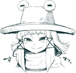  1girl bangs blunt_bangs face frog_eyes greyscale hair_ribbon hat hikimayu looking_at_viewer monochrome moriya_suwako payot portrait ribbon ryuhey short_hair smile solo touhou white_background 