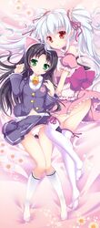  2girls bell black_hair bow brown_eyes crossover frost_auslese green_eyes hazuki_kurumi hinata_momo kaitou_tenshi_twin_angel long_hair magical_halloween multiple_girls panties ribbon skirt smile socks thigh-highs thigh_gap twintails underwear white_hair white_legwear white_panties 