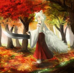  1girl animal_ears detached_sleeves gloves hat inubashiri_momiji leaf maple_leaf nagomitakuri nature red_eyes solo sword tail tengu-geta tokin_hat touhou tree weapon white_hair wolf_ears wolf_tail 