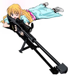  anti-materiel_rifle barrett_m82 dress fang fingerless_gloves gloves gun hashinomoto_takashi highres rifle sniper_rifle weapon wink 