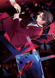  1boy blue_eyes bracelet brown_hair facial_hair fate/zero fate_(series) formal gem gilgamesh goatee himuka_roko jewelry outstretched_hand staff suit toosaka_tokiomi 