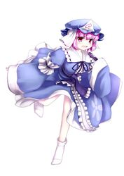 1girl breasts chipika hat looking_at_viewer open_mouth pink_eyes pink_hair saigyouji_yuyuko short_hair simple_background solo touhou triangular_headpiece white_background 