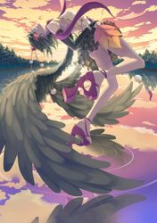  1girl alternate_costume bare_back black_hair black_wings clouds forest frilled_skirt glowing glowing_eye hat highres leaf_fan madyy nature parted_lips pom_pom_(clothes) red_eyes reflection sandals shameimaru_aya short_hair skirt sky smile solo tengu-geta tokin_hat touhou tree twilight water wings 