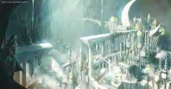  1boy bridge cape cave cityscape crescent dome et.m highres hood pixiv_fantasia pixiv_fantasia_new_world 