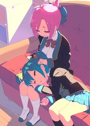  2girls ahoge amatsuka_megumi_(gj-bu) antenna_hair bell blazer blush bow cardigan closed_eyes ear_cleaning gj-bu green_hair hair_bell hair_bow hair_ornament hair_ribbon highres jingle_bell kannazuki_tamaki lap_pillow long_sleeves mimikaki multiple_girls nagisa_kurousagi pink_eyes pink_hair plaid plaid_skirt ribbon school_uniform short_hair skirt smile twintails 