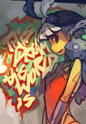 1girl black_hair breasts china_dress chinese_clothes eric_muentes feathers feng_(skullgirls) graffiti hair_feathers multicolored_hair short_hair skullgirls solo two-tone_hair white_hair 