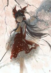  1girl arm_up ascot black_hair cherry_blossoms closed_eyes detached_sleeves gohei hair_ribbon hair_tubes hakurei_reimu long_sleeves petals ribbon sarashi seeker shirt skirt skirt_set solo touhou tree umbrella wide_sleeves 