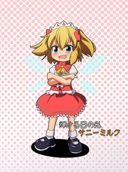  1girl blonde_hair blue_eyes bow cato_(monocatienus) character_name crossed_arms fang hair_bow halftone halftone_background highres shoes smile solo sunny_milk touhou twintails wings 