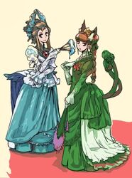  2girls alternate_hairstyle animal_ears blue_dress braid brooch cat_ears dress elbow_gloves fan formal full_body gloves gown green_dress hair_up jewelry kaenbyou_rin multiple_girls multiple_tails pointy_ears reiuji_utsuho single_braid tail tks_(chikuwa) touhou wings 