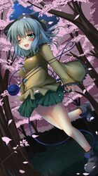 1girl blush boots cherry_blossoms eyeball green_eyes green_hair hat hat_ribbon heart heart_of_string highres hoshizuki_(seigetsu) komeiji_koishi night night_sky open_mouth petals ribbon short_hair skirt sky smile solo third_eye touhou tree 