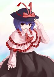  1girl blush chipika frills hat nagae_iku purple_hair red_eyes ribbon short_hair smile solo touhou 