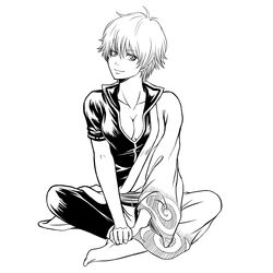  1girl genderswap gintama highres japanese_clothes looking_at_viewer matsuwo monochrome sakata_gintoki short_hair solo 