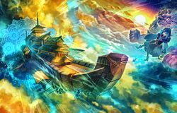  1boy 3girls animal_ears beard blue_hair clouds dowsing_rod facial_hair flying glowing hood hoop jeweled_pagoda kumoi_ichirin magic_circle mountain mouse_ears mouse_tail multiple_girls nazrin ship shirt skirt sky staff sun tail toramaru_shou touhou unzan zounose 
