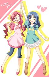  2girls :d arm_up blue_eyes blue_hair blush dekosuke hanasaki_tsubomi heart heartcatch_precure! holding_hands interlocked_fingers kurumi_erika long_hair multiple_girls open_mouth pink_eyes pink_hair precure shadow smile standing surprised twintails wink 