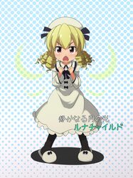 1girl blonde_hair blush cato_(monocatienus) character_name drill_hair halftone halftone_background hat highres luna_child open_mouth red_eyes slippers solo touhou wings 