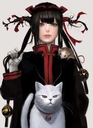 1girl bandages bell black_hair cat highres lips long_hair mouse mujiha_(mlog) original smile yellow_eyes 
