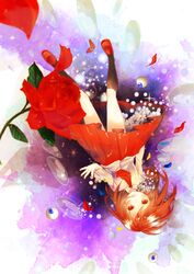  1girl brown_hair bubble dress eyeball falling flower funota highres ib ib_(ib) open_mouth red_eyes red_rose rose solo 