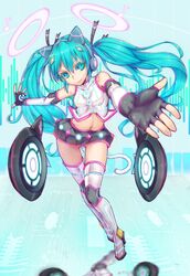 1girl aqua_eyes aqua_hair boots elbow_gloves fingerless_gloves gloves hatsune_miku headphones long_hair midriff navel skirt smile solo ssttool6113 thigh_boots thighhighs twintails very_long_hair vocaloid