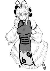  1girl dress hat hat_ribbon highres long_hair looking_at_viewer monochrome ribbon smile sokusekimaou solo tabard touhou yakumo_yukari 
