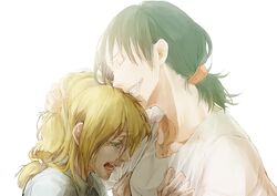  2girls black_hair blonde_hair christa_renz closed_eyes clothes_grab colored_eyelashes face freckles grin hair_grab hand_on_head holding mana291 multiple_girls open_mouth ponytail profile sad shingeki_no_kyojin short_hair smile tears white_background ymir_(shingeki_no_kyojin) 