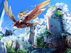  1girl bird blonde_hair building dragon goggles green_eyes long_hair original rff_(3_percent) tree 