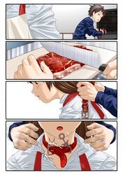  1boy 1girl apron atto_(eroban) black_hair brown_eyes brown_hair collar highres knife original 