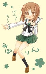  1girl blush brown_eyes brown_hair girls_und_panzer kodou_mikoto loafers nishizumi_miho pointing shoes short_hair smile solo 