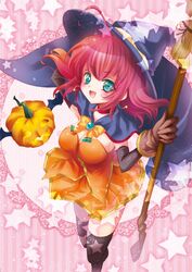  1girl alice_wishheart black_legwear bow broom cape dress earrings e~ji gloves green_eyes hat jewelry magical_halloween orange_dress pink_background pink_hair pumpkin ribbon short_hair skirt smile solo star starry_background thigh-highs witch_hat 