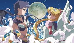  2girls anime_coloring bishoujo_senshi_sailor_moon black_hair blonde_hair blurry choker depth_of_field earrings eternal_sailor_moon feathers full_moon hair_ornament hairclip jewelry kyakya long_hair looking_at_another moon multiple_girls official_style ponytail profile sailor_moon sailor_star_fighter seiya_kou side star tsukino_usagi twintails wings 
