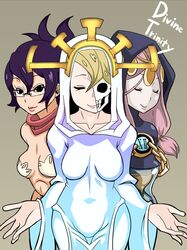  3girls aeon_(skullgirls) black_hair blonde_hair breasts closed_eyes eito family glasses goddess hood hourglass long_hair mother_(skullgirls) mother_and_daughter multiple_girls pink_hair scarf siblings sisters skull skullgirls venus_(skullgirls) 