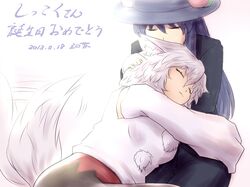  2girls alternate_costume animal_ears blue_hair closed_eyes dated detached_sleeves food formal fruit hat hinanawi_tenshi hug inubashiri_momiji long_hair multiple_girls no_hat no_headwear peach shirosato short_hair suit tail touhou white_hair wolf_ears wolf_tail 