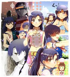  belt blue_hair brown_eyes closed_eyes cool_&amp;_sexy_(idolmaster) idolmaster kisaragi_chihaya long_hair midriff navel open_mouth ponytail robot skirt smile wrist_cuffs yuurinmoku 